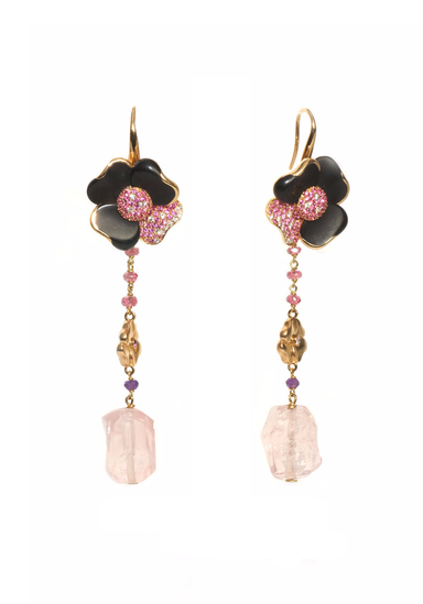 Light Pink Rose Quartz Gemstone Two Tone Gold Dangle Earrings in Both -  Tahmi